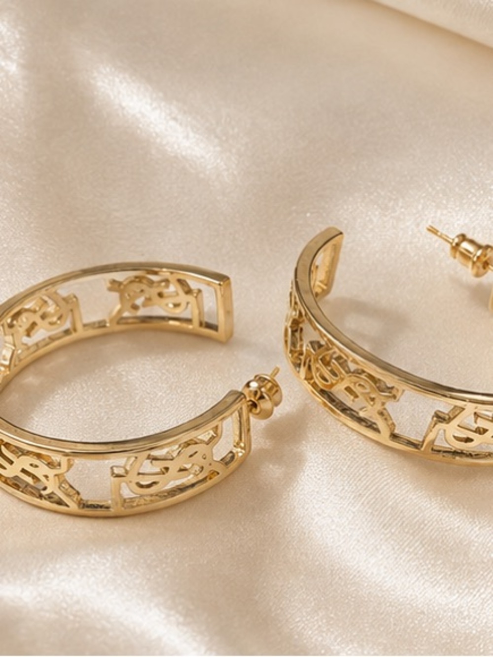 Designer Inspired Gold Openwork Logo Hoop Earrings